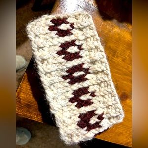 Hand knit red and white wool ear warmer